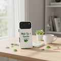Phone case with 'Wake Up & Garden' text and leaf design on a white background