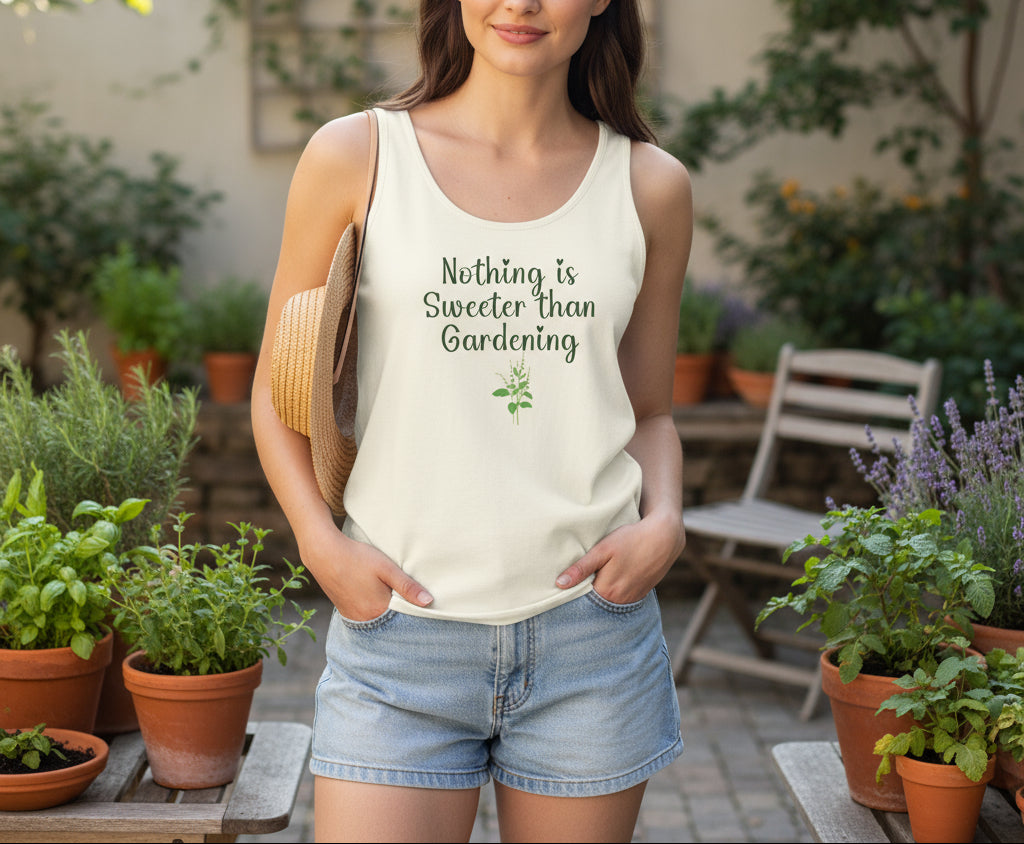 White tank top with 'Nothing is Sweeter than Gardening' text and a small plant graphic on a beige background
