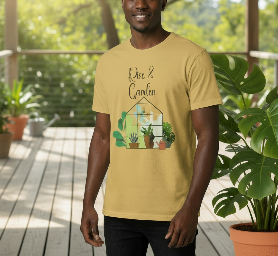 Man wearing a beige t-shirt with 'Rise & Garden' design in a garden setting