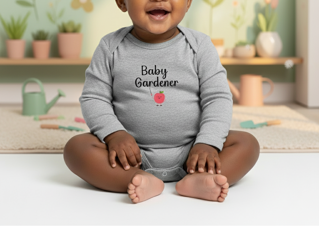 Baby wearing a 'Baby Gardener' onesie in a room with plants and gardening tools.