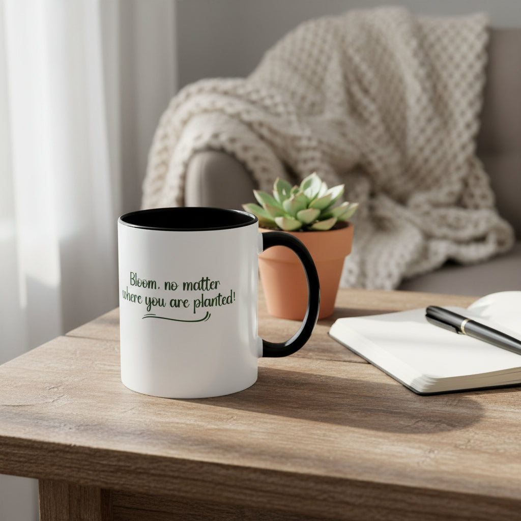 White mug with black interior and handle featuring text on a beige background