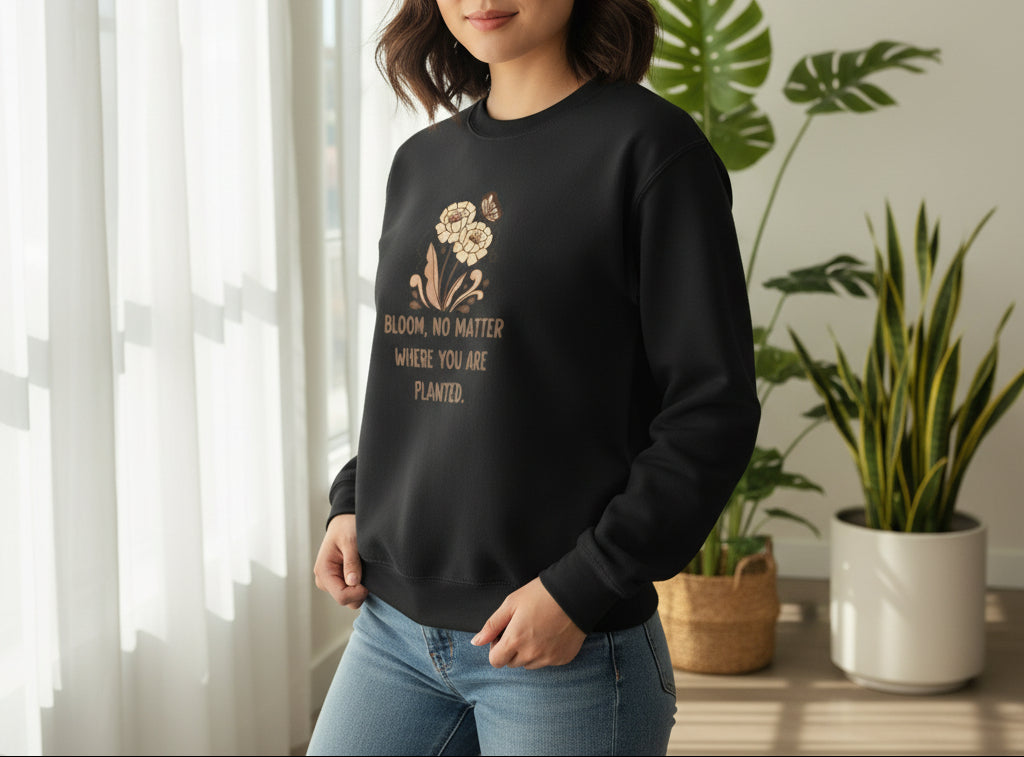 Black long-sleeve shirt with floral design and text on a beige background
