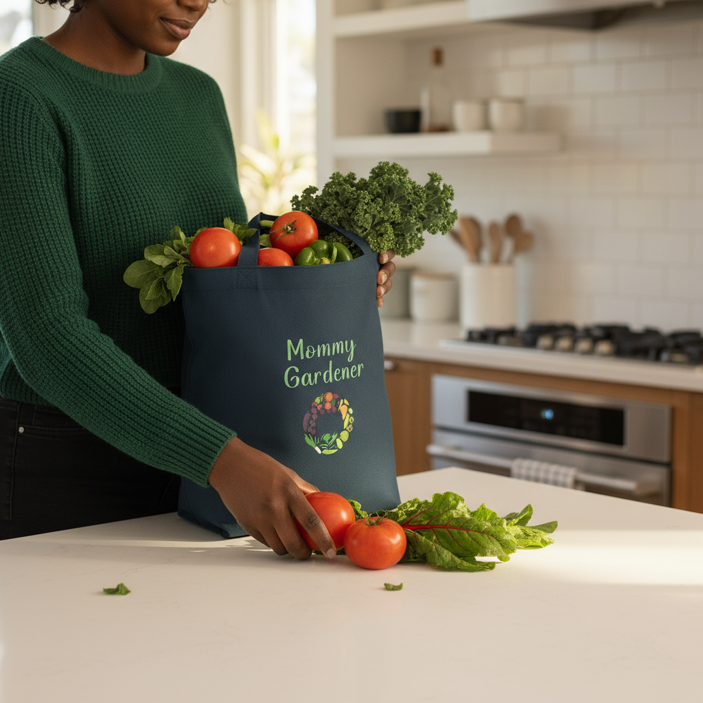 Person holding a tote bag labeled 'Mommy Gardener' with fresh vegetables in a kitchen.
