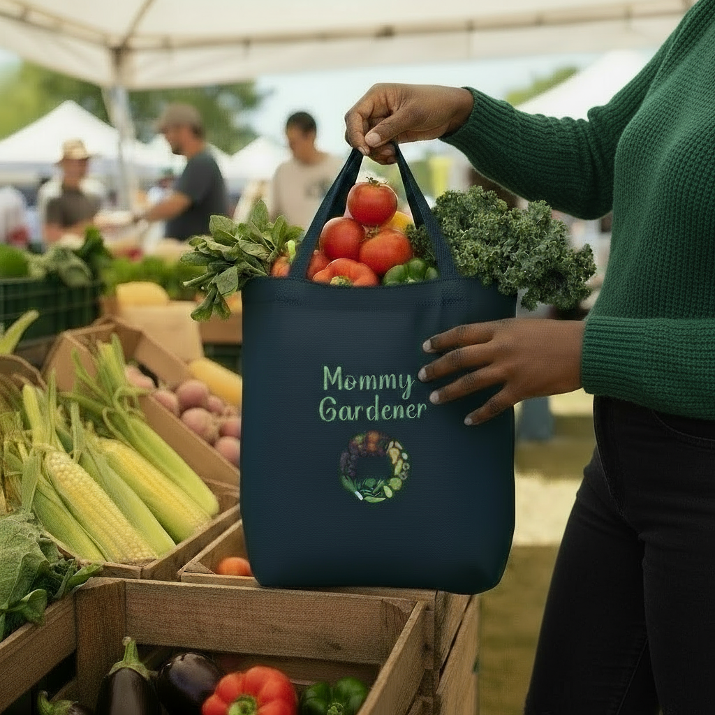 Person holding a tote bag labeled 'Mommy Gardener' filled with groceries at an outdoor market.