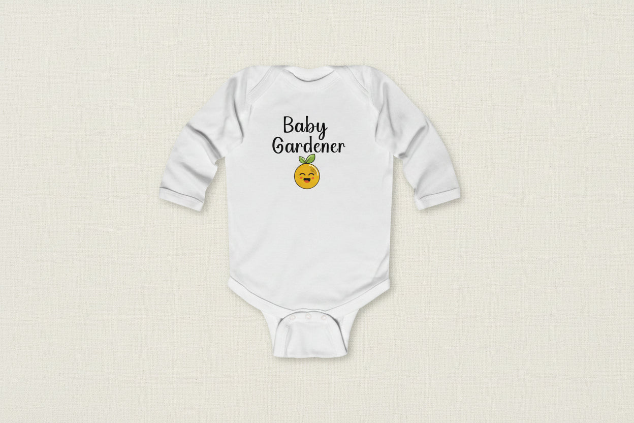 White baby onesie with 'Baby Gardener' text and emoji on a white background