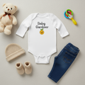 White baby onesie with 'Baby Gardener' text and emoji on a white background