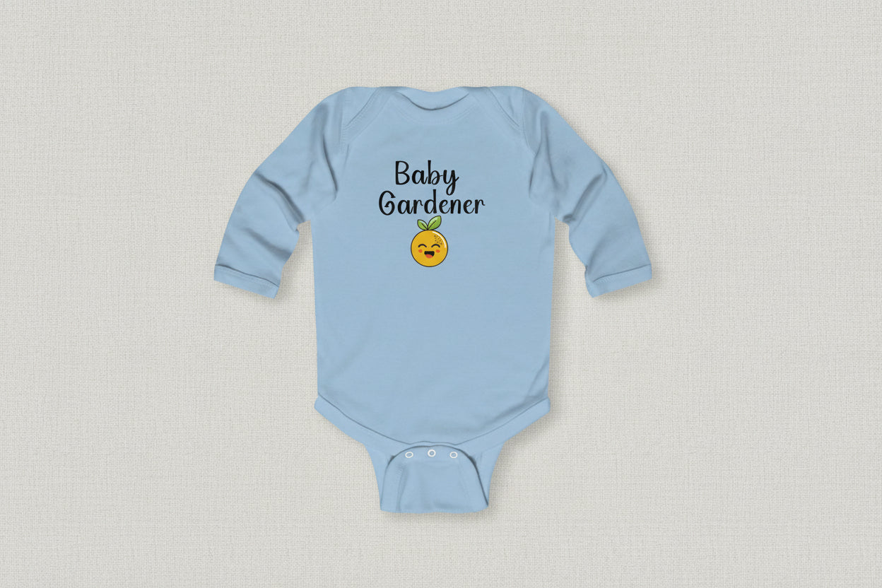 Light blue baby onesie with 'Baby Gardener' text and emoji on a white background