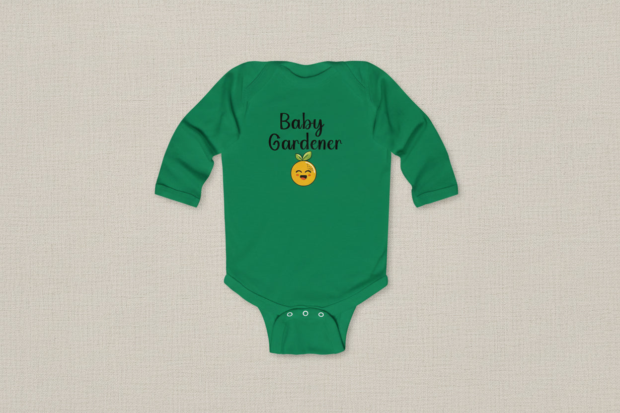 Green baby onesie with 'Baby Gardener' text and emoji on a white background