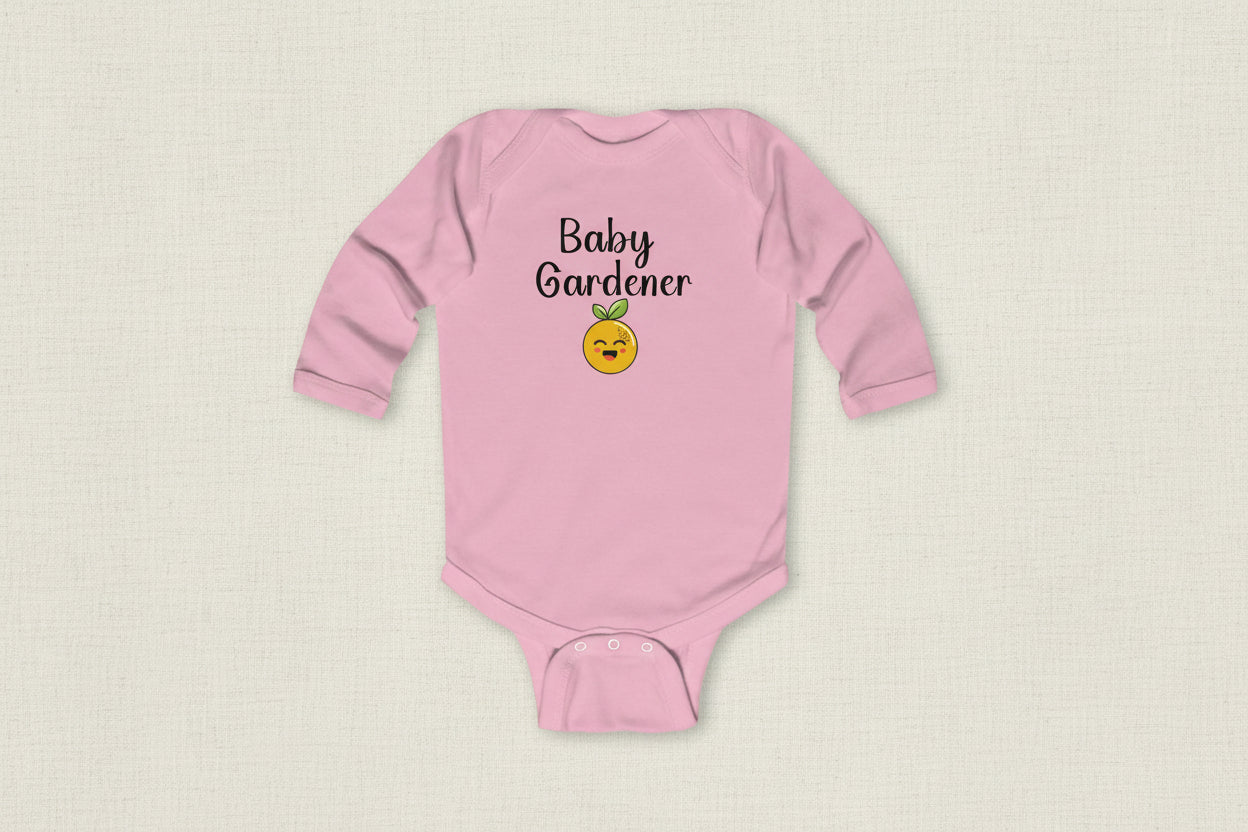 Pink baby onesie with 'Baby Gardener' text and emoji on a white background