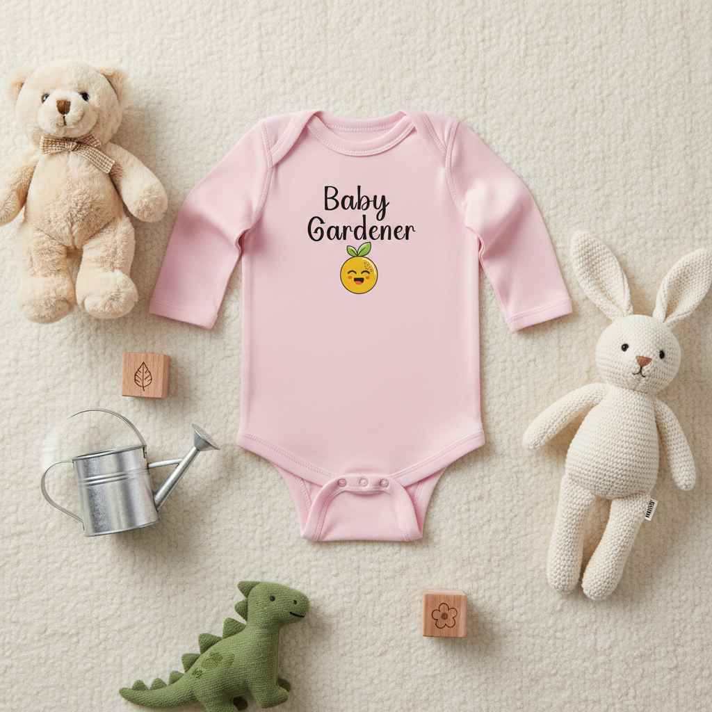 Pink baby onesie with 'Baby Gardener' text and emoji on a white background