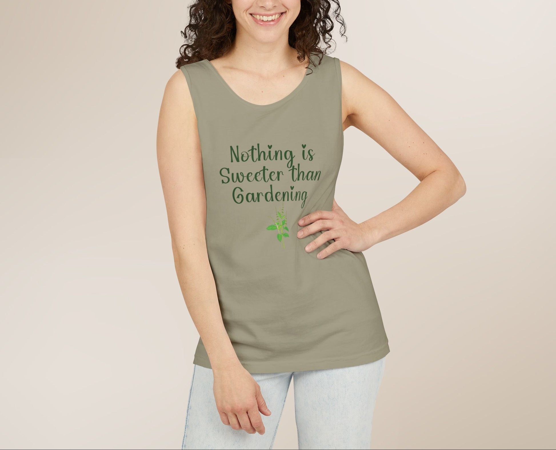 Woman wearing a green tank top with text on a beige background