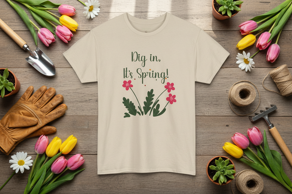 Beige t-shirt with 'Dig in, It's Spring!' text and floral design on a wooden surface with gardening tools and flowers.