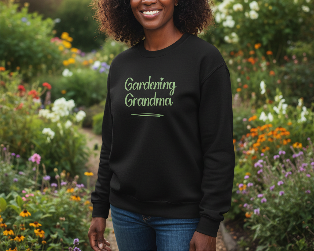Black sweatshirt with 'Gardening Grandma' text on a beige background