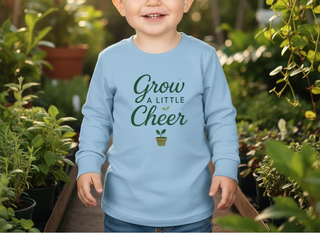 Child wearing a light blue sweatshirt with 'Grow a Little Cheer' text in a garden setting
