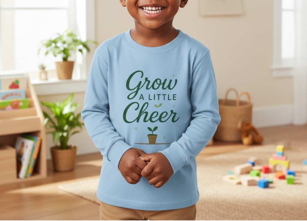 Child wearing a blue shirt with 'Grow a Little Cheer' text in a room with toys and plants.