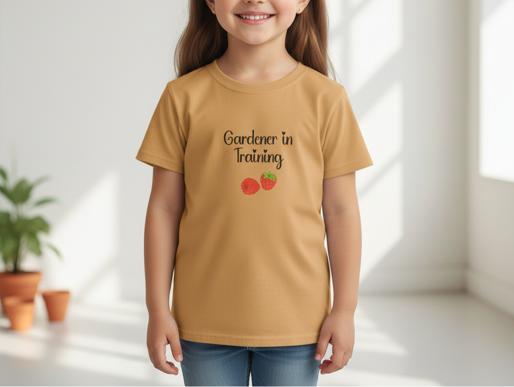 Child wearing a mustard yellow t-shirt with 'Gardener in Training' text and tomato graphics, standing in a bright room.