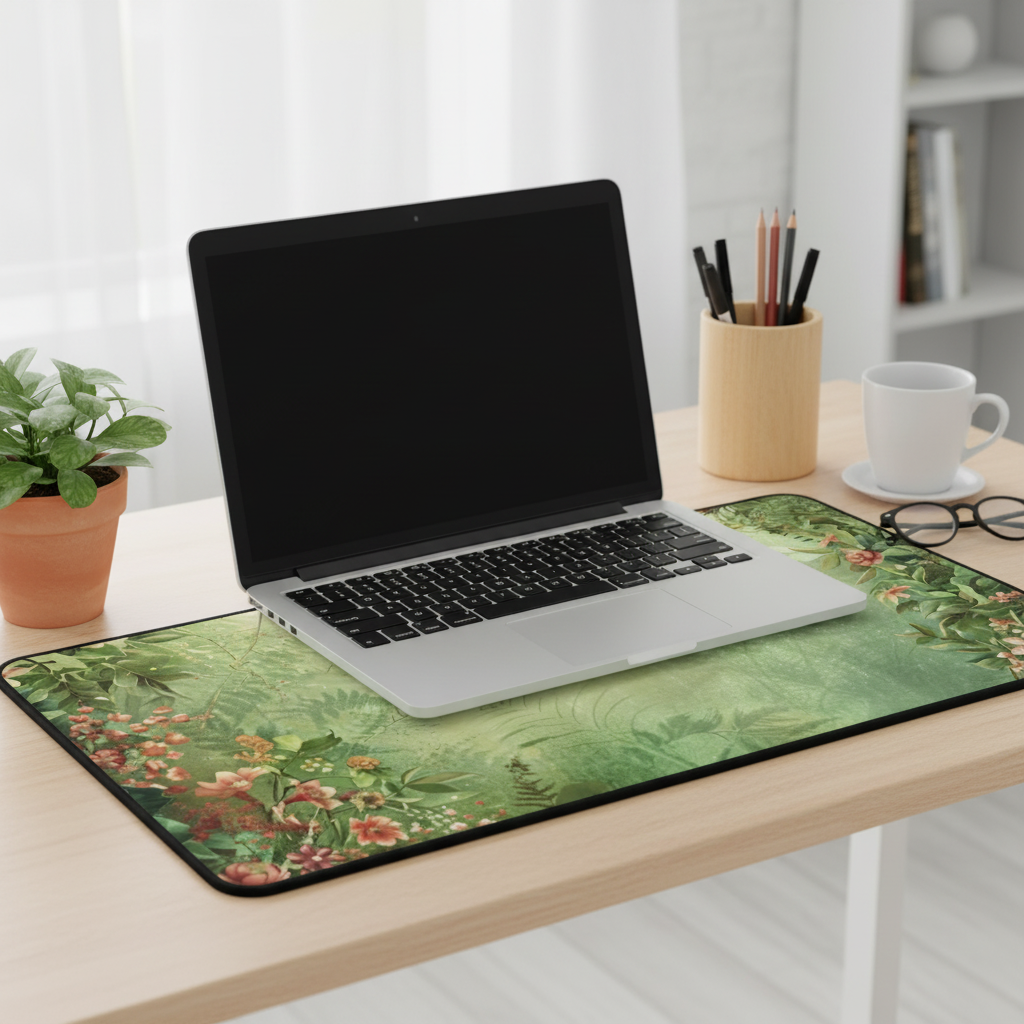Laptop on a desk with a floral mouse pad, plant, and cup in the background.