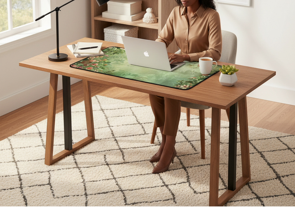 Person using a laptop on a wooden desk in a home office setting