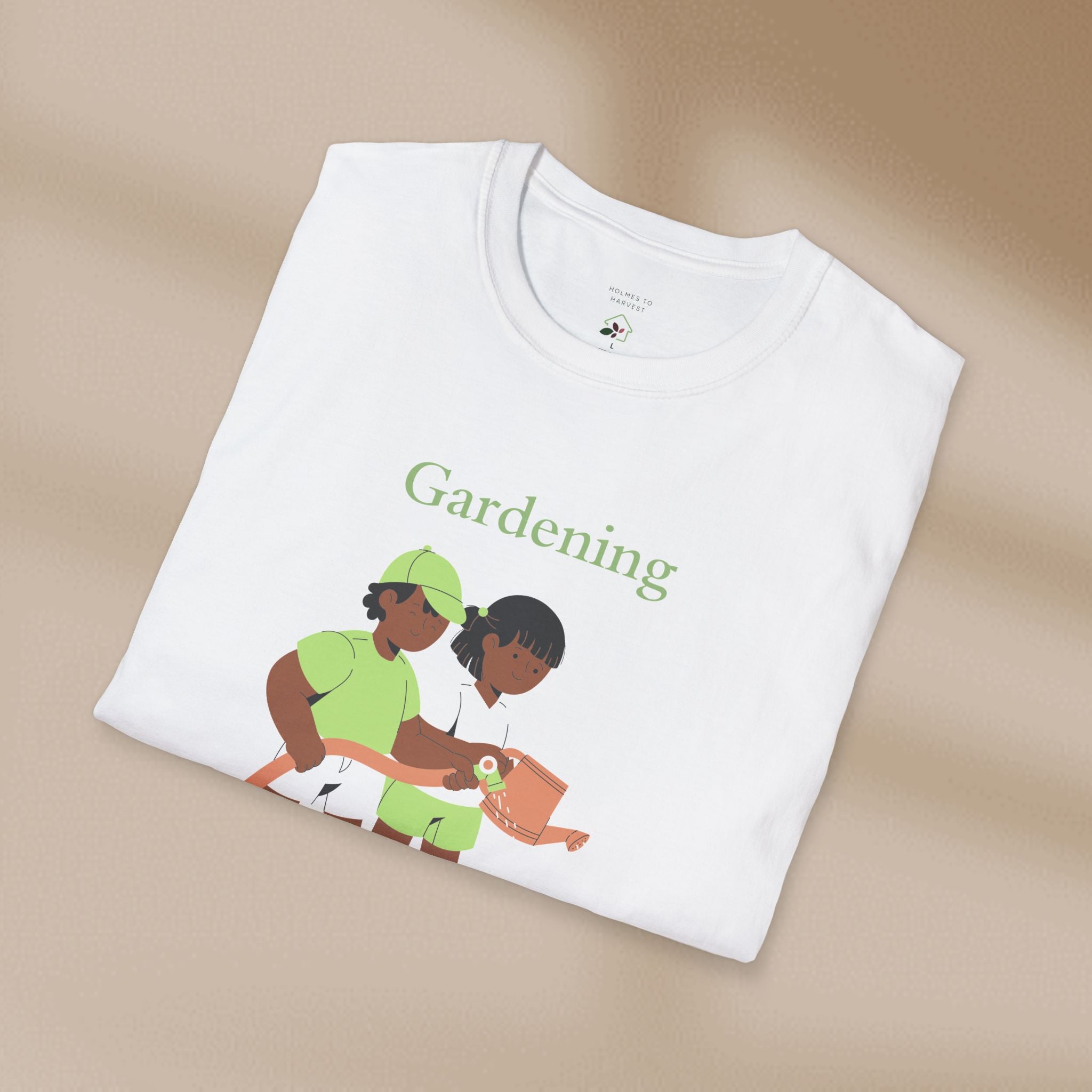 White t-shirt with 'Gardening' text and graphic of two people gardening on a beige background