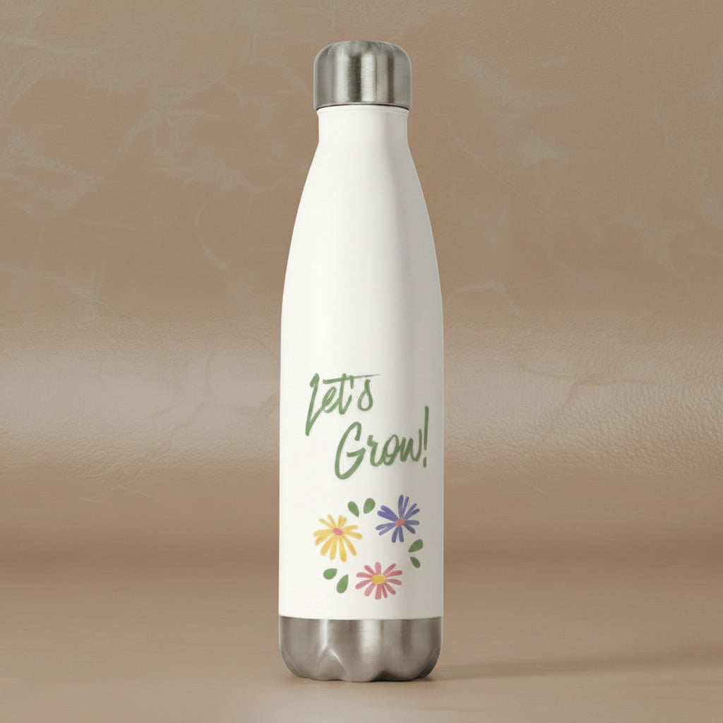 White insulated bottle with 'Let's Grow!' text and floral designs on a white background