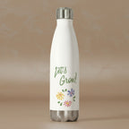 White insulated bottle with 'Let's Grow!' text and floral designs on a white background