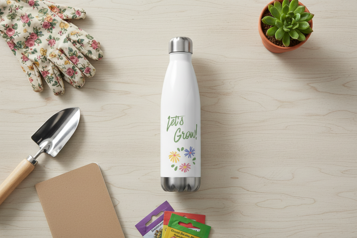 White water bottle with 'Let's Grow' design on a wooden surface with gardening tools and plants.