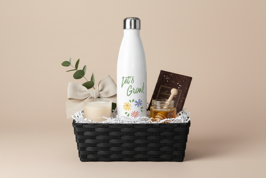 Gift basket with a white water bottle, candle, and other items on a beige background