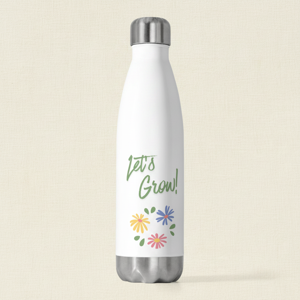 White insulated bottle with 'Let's Grow!' text and floral designs on a beige background