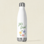 White insulated bottle with 'Let's Grow!' text and floral designs on a beige background