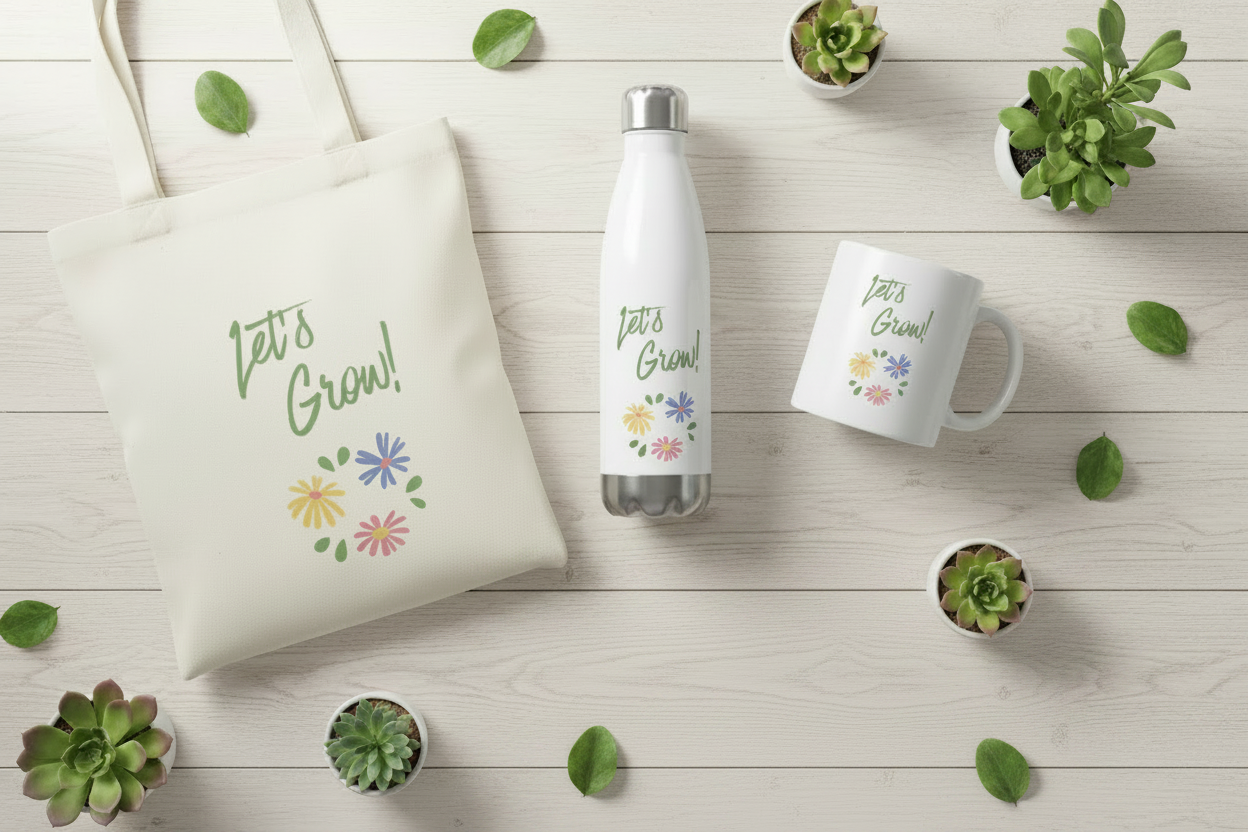 White water bottle, mug, and tote bag with 'Let's Grow!' text on a wooden surface with plants.