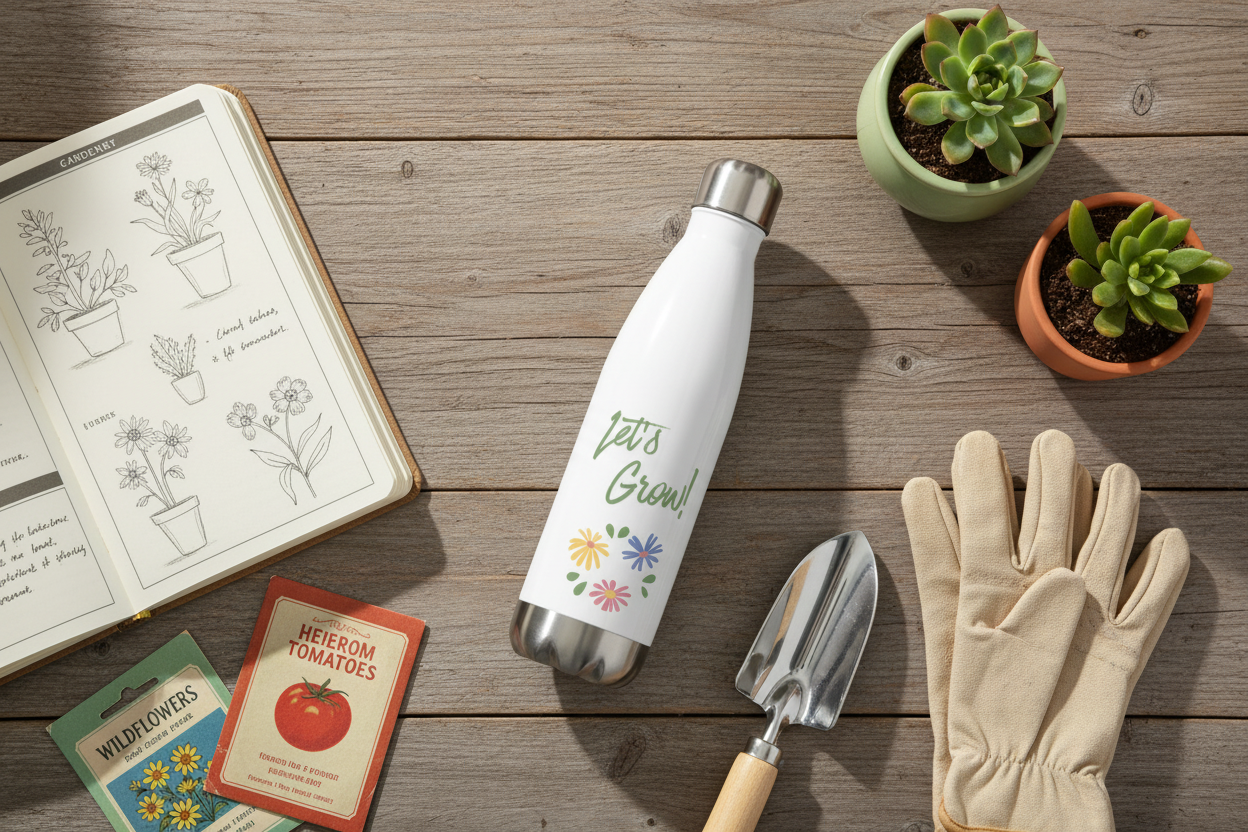 Gardening tools and items on a wooden surface including a water bottle, gloves, trowel, and seed packets.