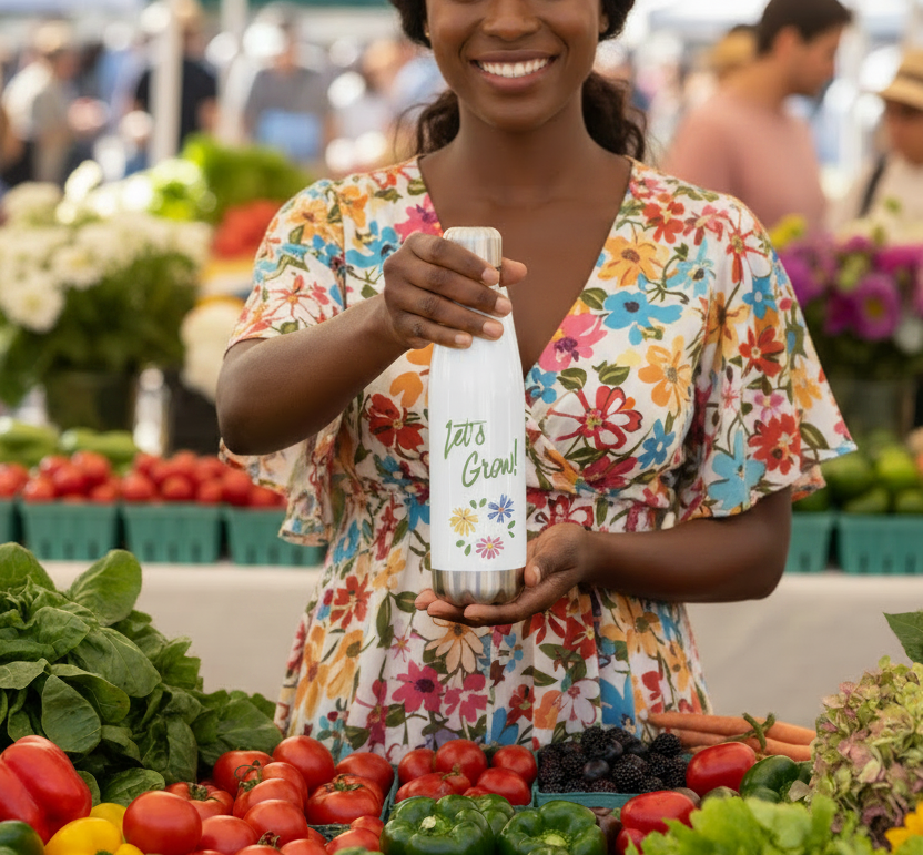 Woman holding a water bottle with vegetables and flowers in the background