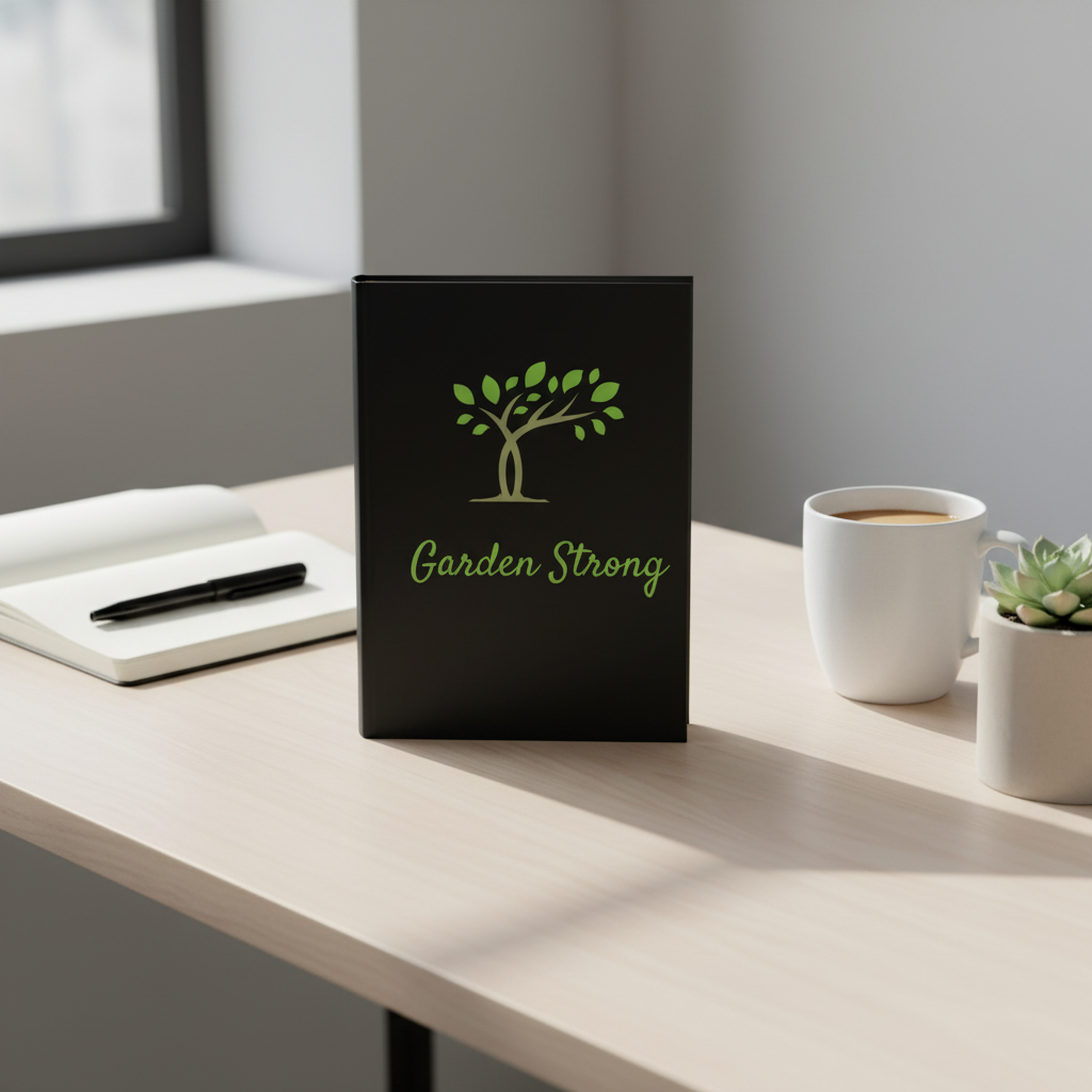 Garden Strong book on a table with gardening tools and plants outdoors