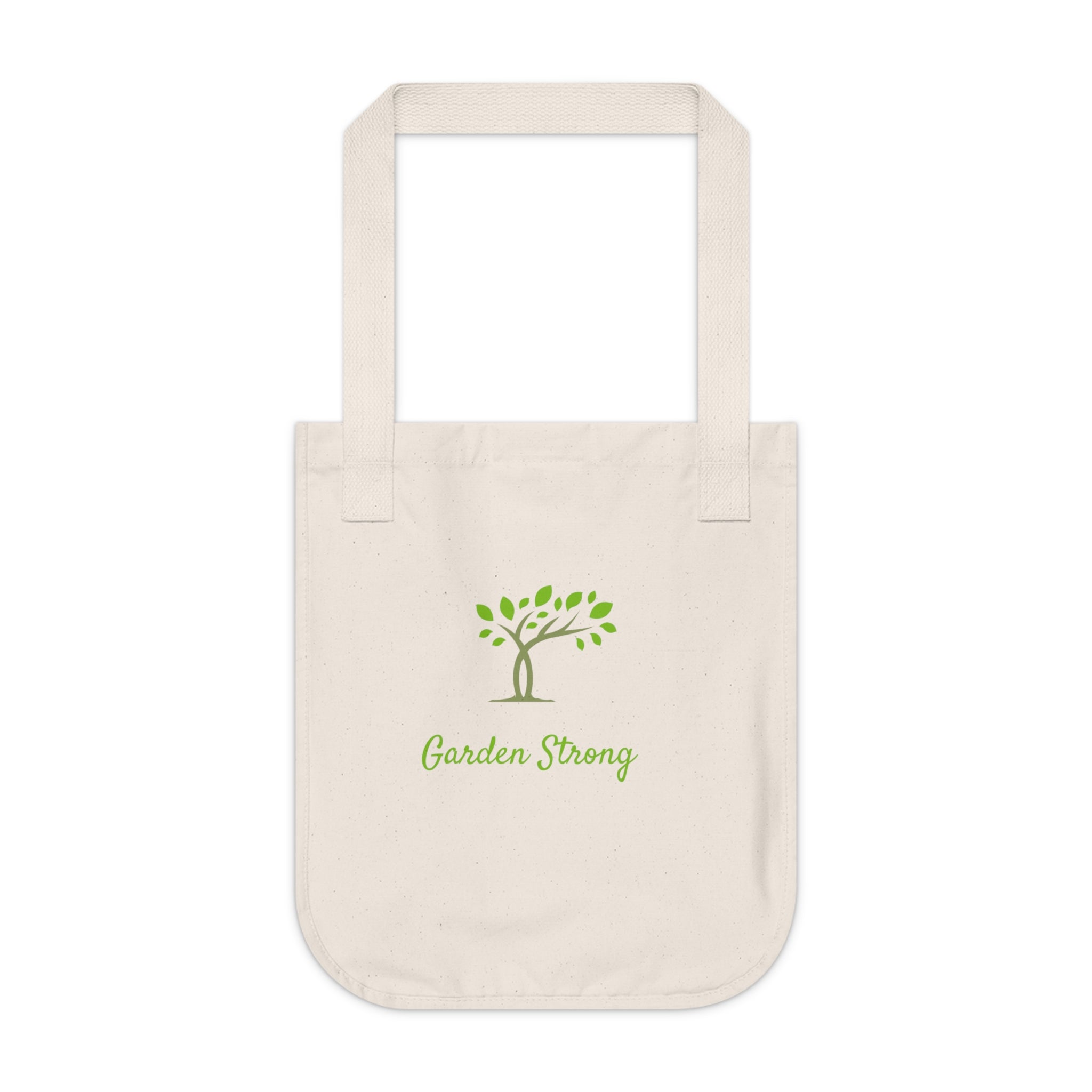 Beige tote bag with a green tree and 'Garden Strong' text on a white background