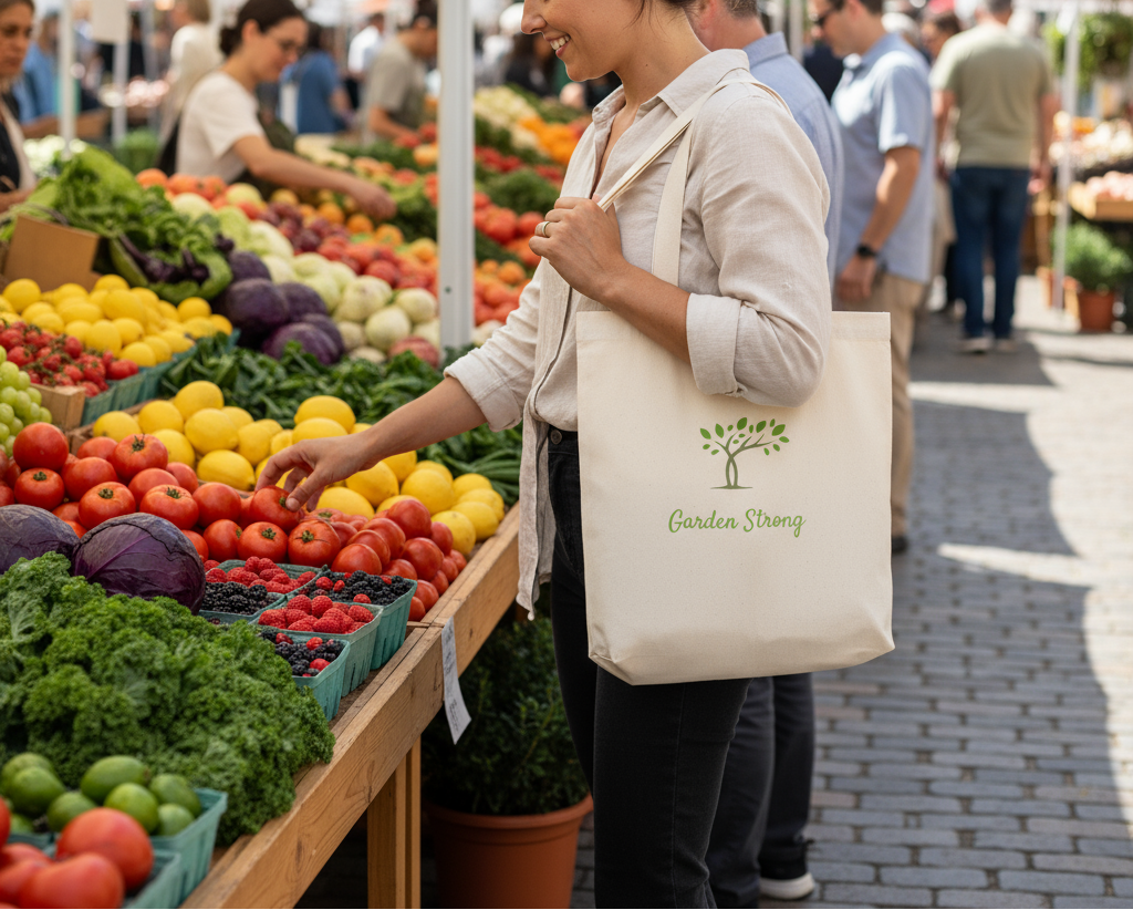 Woman shopping at an outdoor farmers market with a tote bag labeled 'Garden Strong'.