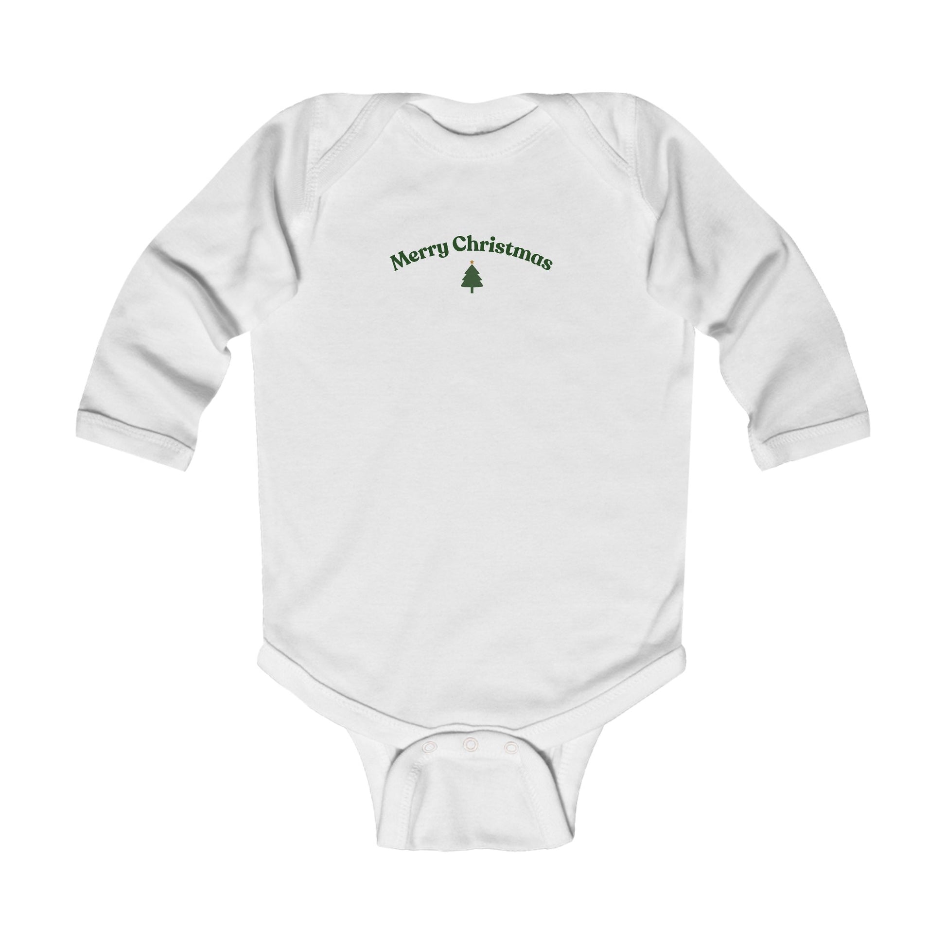 White baby onesie with 'Merry Christmas' text and tree design on a white background