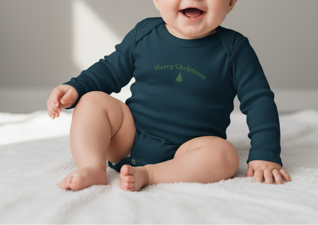 Navy blue baby onesie with 'Merry Christmas' text and tree design on a white background