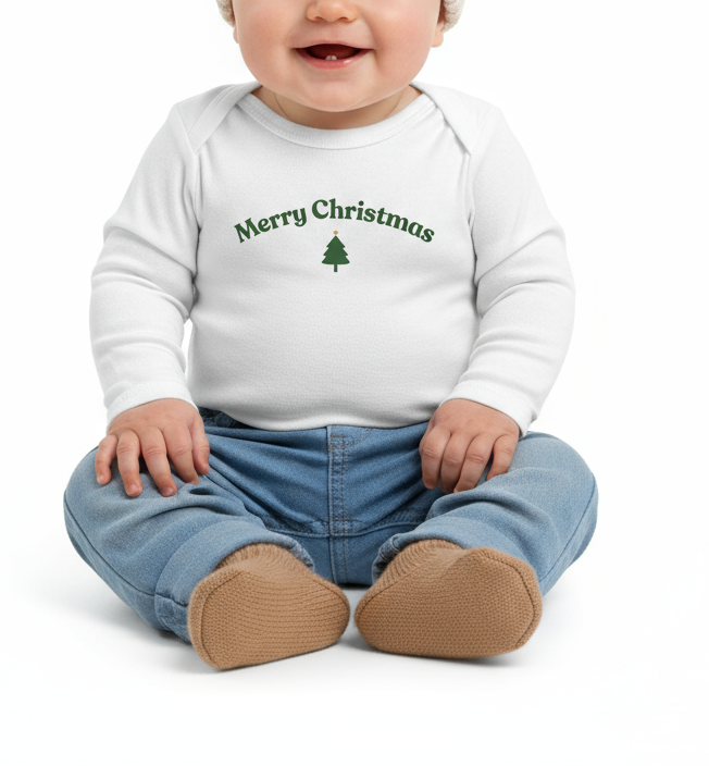 Baby wearing a white long-sleeve shirt with 'Merry Christmas' text and blue pants on a white background