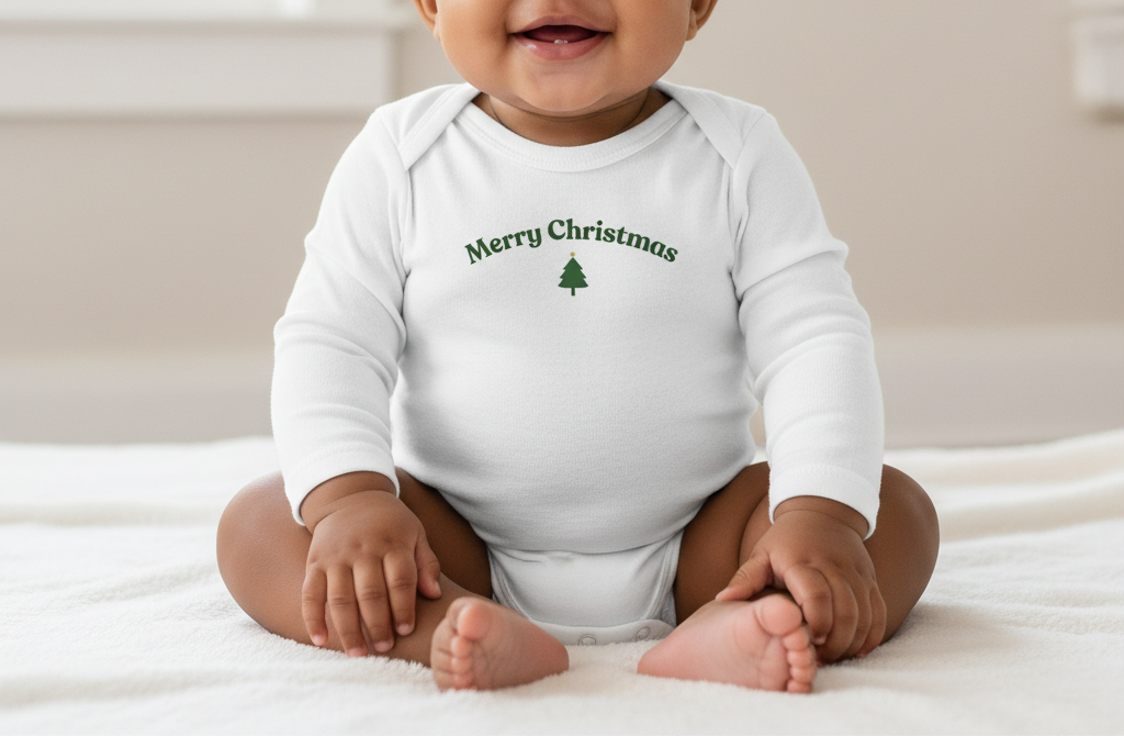 Baby sitting in a chair wearing a 'Merry Christmas' onesie with a reindeer toy next to them.