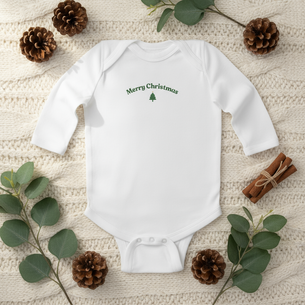 White baby onesie with 'Merry Christmas' text on a textured surface with pinecones and eucalyptus leaves.