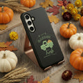 Black phone case with a green truck and 'Garden Fresh' text on a white background