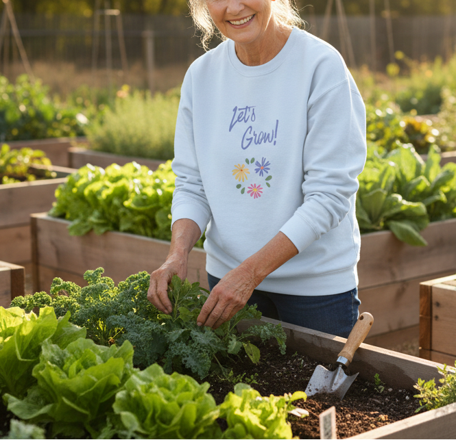 Woman gardening in a community garden wearing a 'Let's Grow' sweatshirt.