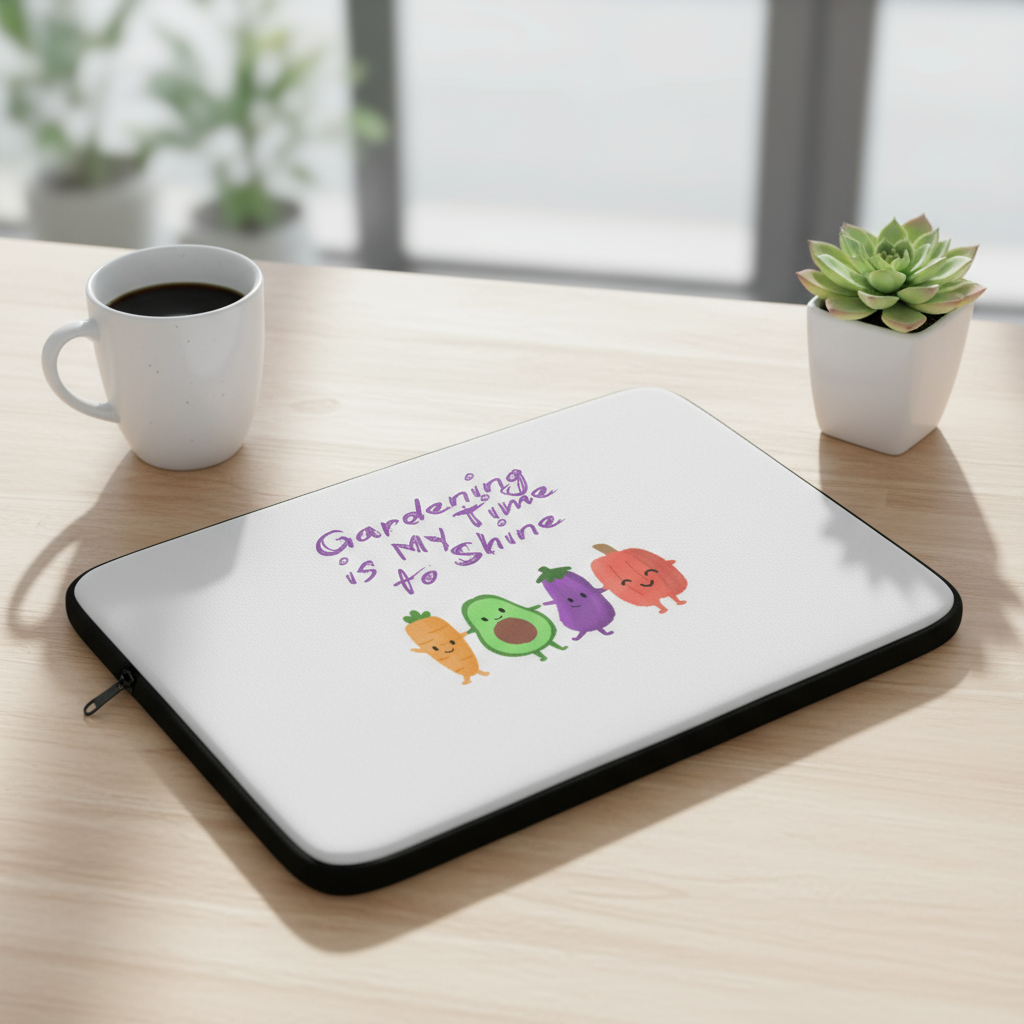 Laptop sleeve with cartoon vegetables and text on a desk with a cup of coffee and plant