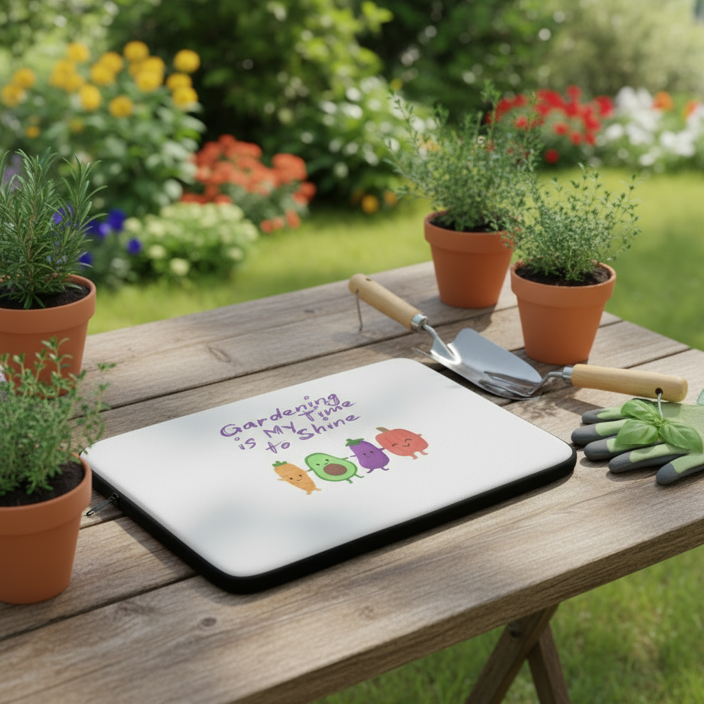 Gardening tools and plants on a wooden table with a motivational quote on a white board.