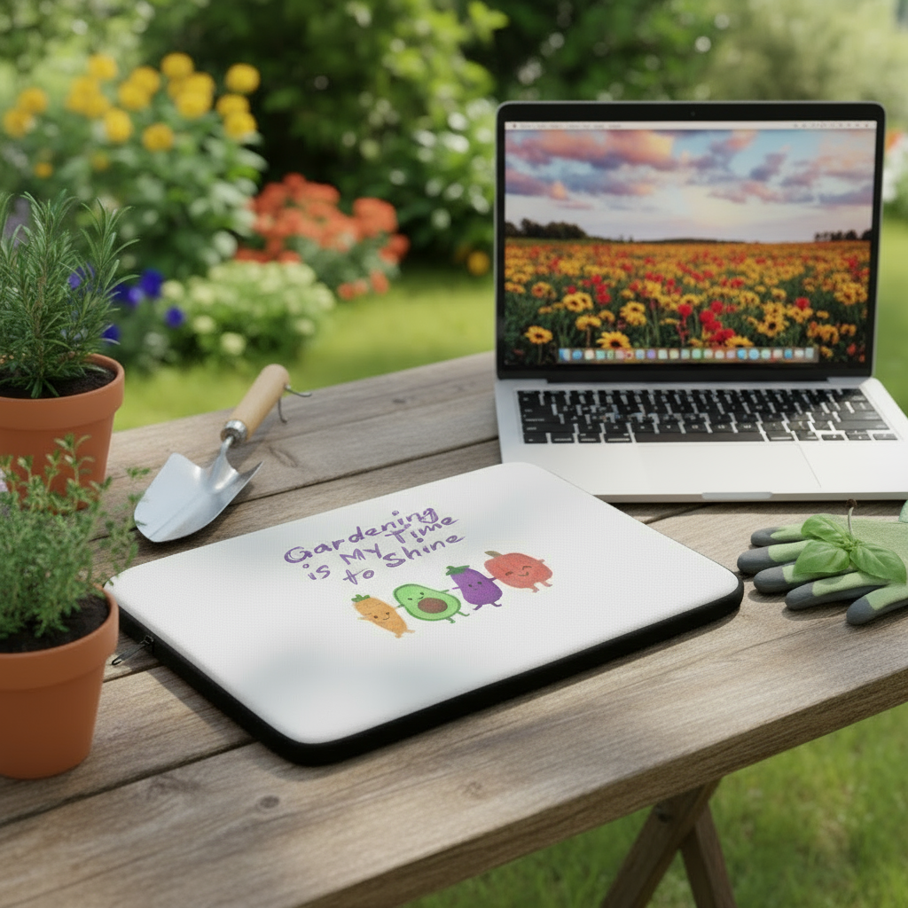 Laptop on a wooden table with gardening-themed accessories and a scenic laptop screen.