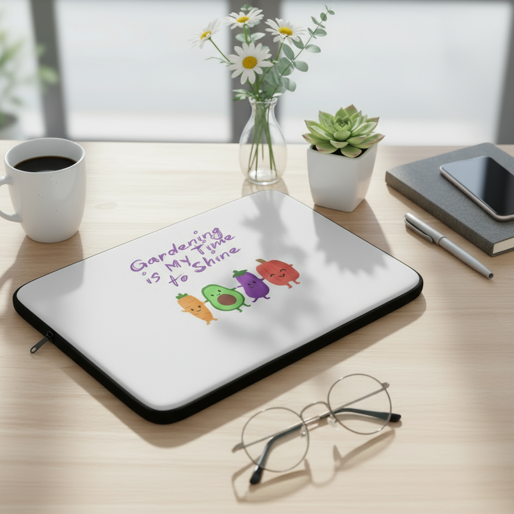 Laptop sleeve with gardening design on a desk with coffee, flowers, and glasses.