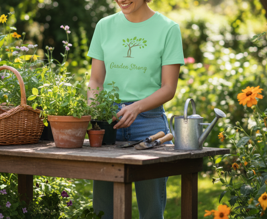 Person in a garden wearing a 'Garden Strong' t-shirt, surrounded by plants and flowers.