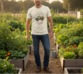 Man standing in a garden wearing a t-shirt with a truck graphic and 'Garden Truck' text.