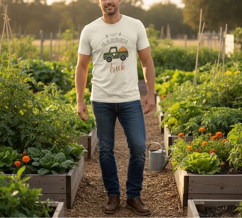Man standing in a garden wearing a t-shirt with a truck graphic and 'Garden Truck' text.