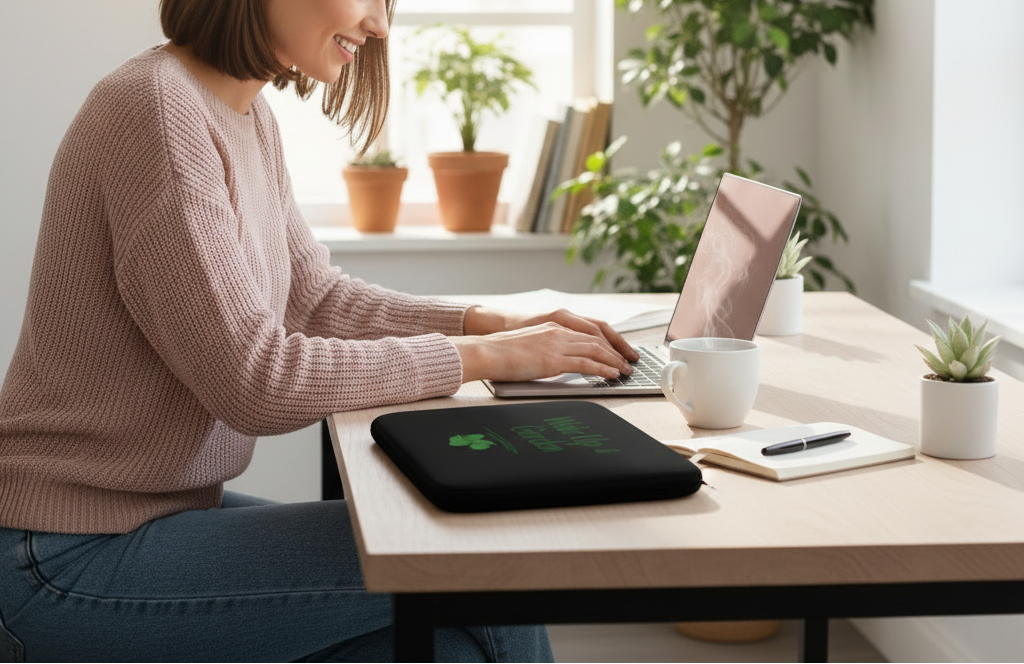 Woman using a laptop at a desk with plants in the background